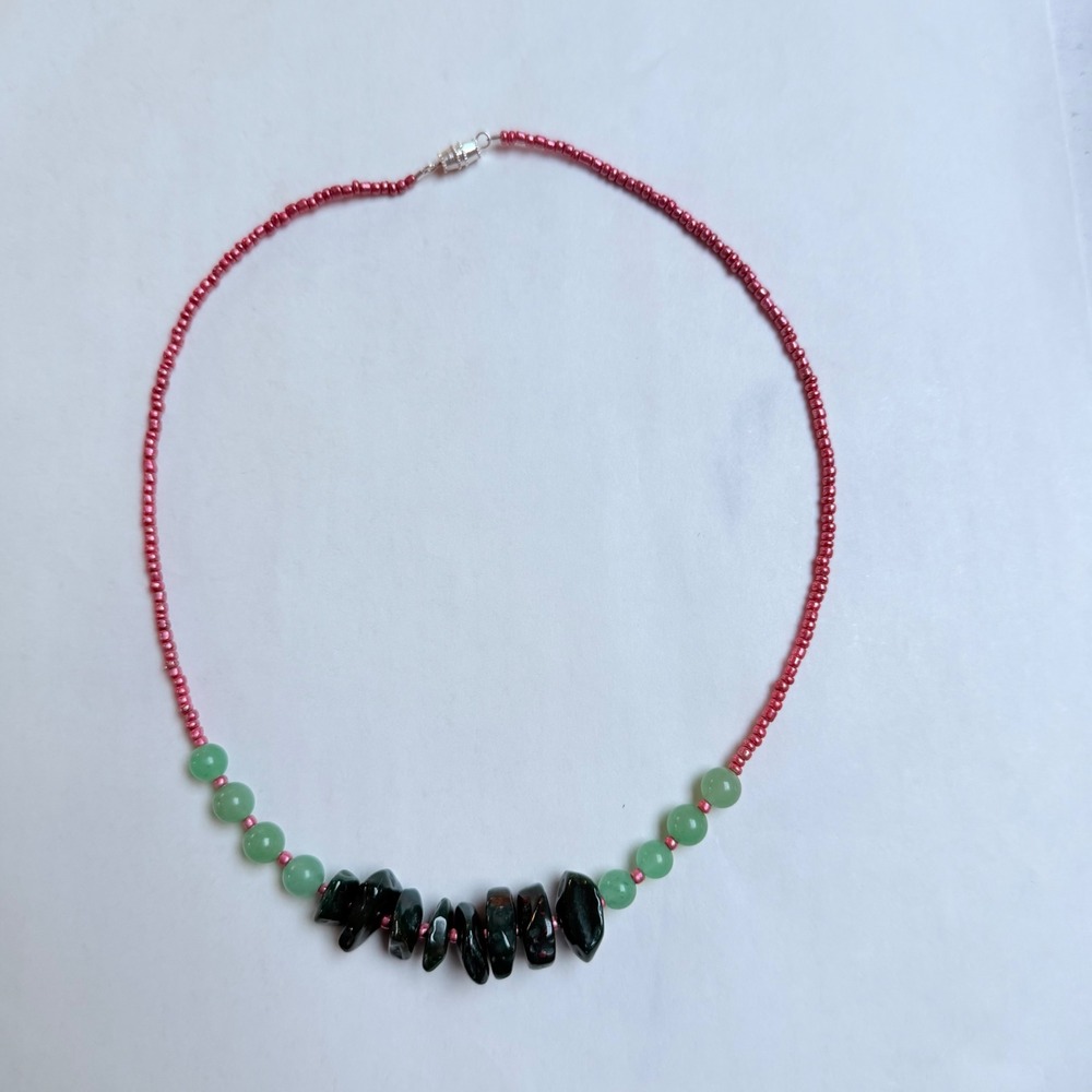 Handmade Beaded Stone Green Jade Necklace Pink Seed Beads 20 Inch Gift Holiday